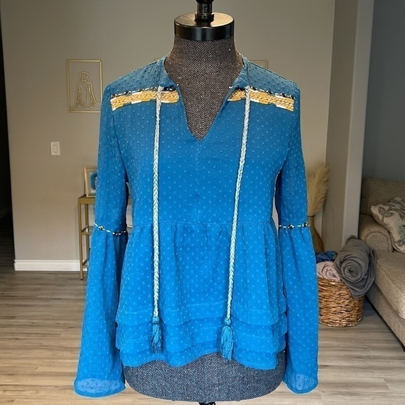 Blue Rain Tops - Blue Rain Boho Peasant Bell Sleeve Blouse Size Small